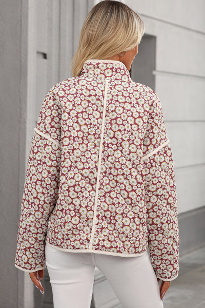 Women's Pink Floral Print Jacket with Contrast Edges, Stand Neck, and Pockets - Stylish & Functional Outerwear