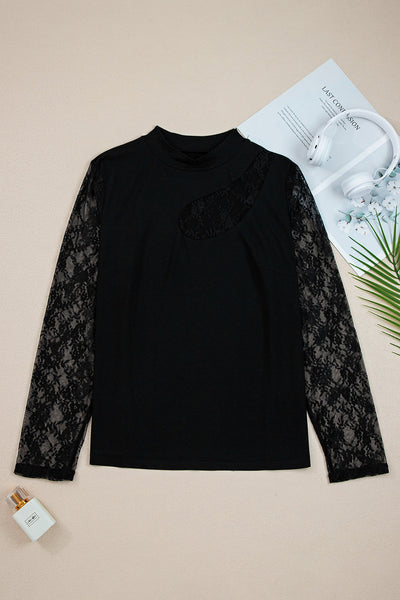 Trendy Women's Plus Size Black Sheer Long Sleeve Top with Lace Details and Asymmetric Cut for Effortless Style