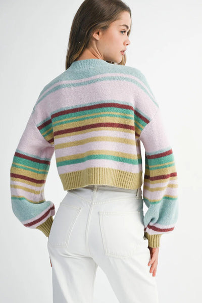Cozy Women's Multicolor Striped Cropped Baggy Sweater with Ribbed Trim - Perfect Knit Top for Casual Chic Style
