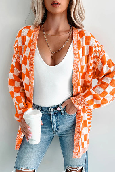 Cozy Women's Orange Checkered Cardigan - Stylish Knit Layer for Effortless Casual Looks and Comfortable Layering