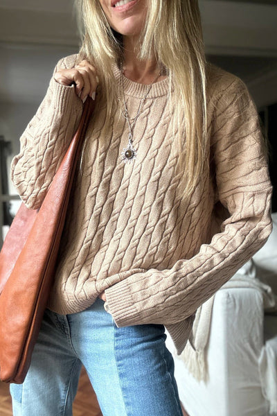 Cozy Women's Parchment Cable Knit Sweater with Drop Shoulders & Round Neck - Perfect for Casual Fall Fashion