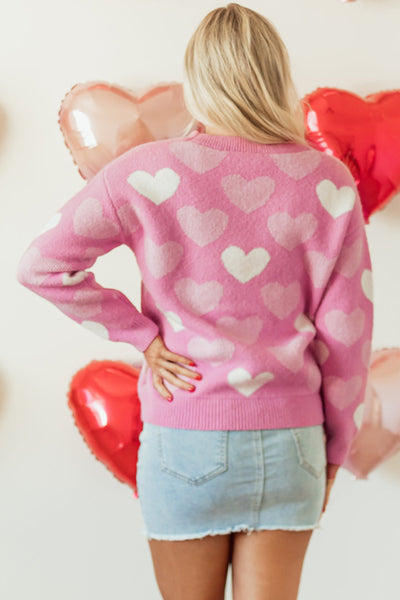 Cozy Women's Pink Heart Print Sweater with Pearl Accents - Stylish Valentine's Day Crew Neck for Effortless Charm