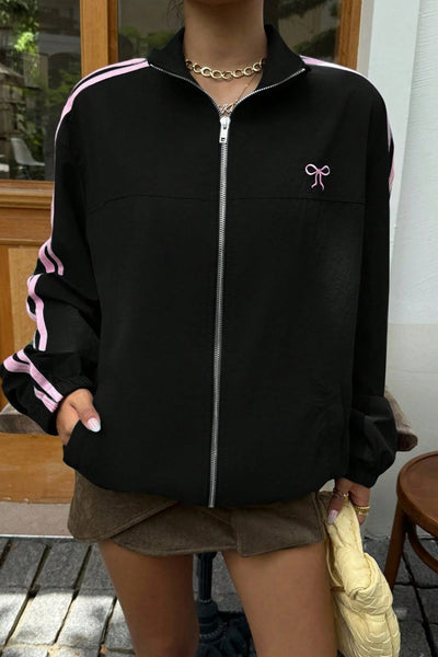 Chic Women's Black Zip-Up Sweatshirt Jacket with Bow Embroidery for Cozy, Stylish Comfort and Effortless Layering