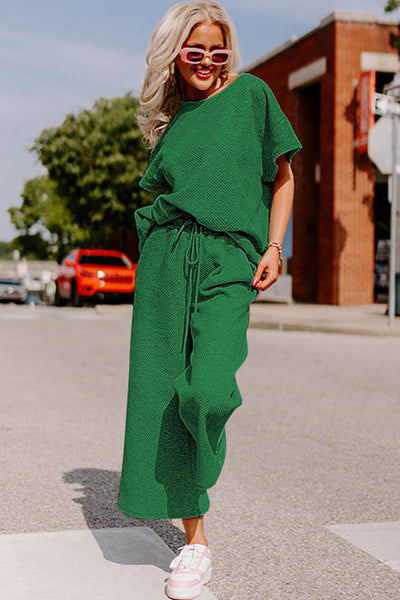 Women's Dark Green Textured Lounge Set - Relaxed Fit T-Shirt & Drawstring Pants for Cozy Everyday Comfort