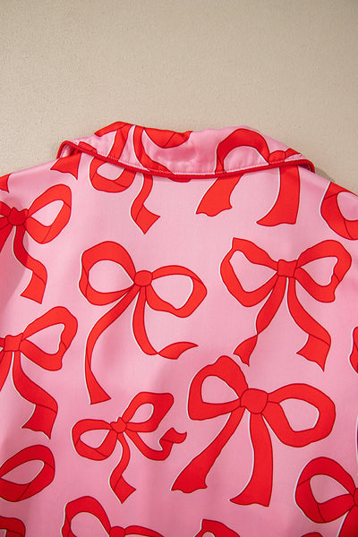 Cozy Women's Pink Bow Print Long Sleeve Pajama Set - Stylish 2-Piece Sleepwear for Comfortable Nights