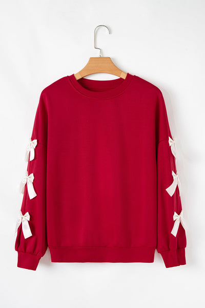 Chic Women's Fiery Red Crewneck Sweatshirt with Bow Detail and Dropped Sleeves for Effortless Casual Style