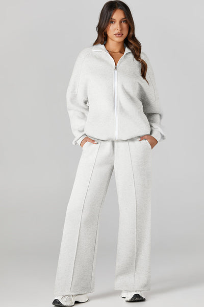 Women's Light Grey Activewear Set: Drop Shoulder Zip-Up Jacket & Drawstring Pants for Stylish Comfort in Fitness