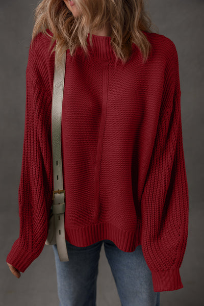 Cozy Women's Loose Red Dahlia Sweater with Drop Shoulders & Front Seam Design - Perfect for Casual Outfits