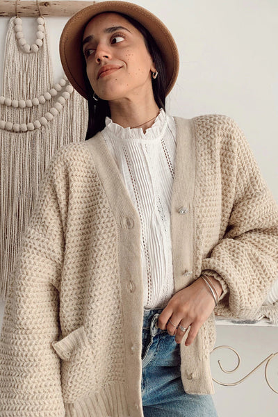 Chic Women's V-Neck Parchment Textured Knit Cardigan with Button Front and Side Pockets for Effortless Style and Comfort