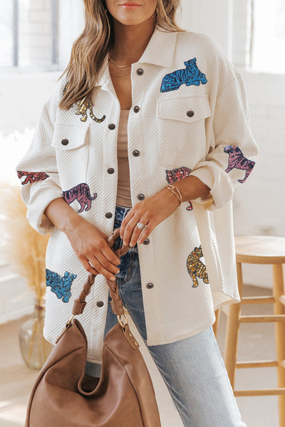 Women's Beige Sequined Tigers Textured Shacket