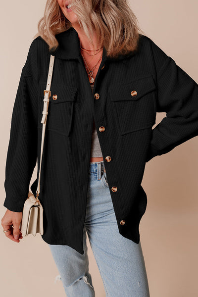 Chic Women's Black Corduroy Shacket with Flap Pockets - Trendy Button-Up Overshirt for Effortless Casual Style