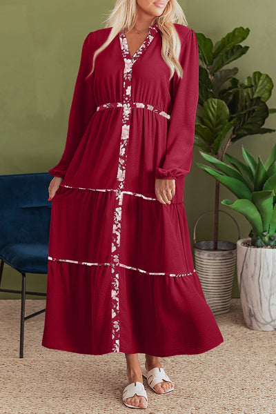 Boho Chic Women's Red Floral Patchwork Maxi Dress with Notched Neck & Long Sleeves - Perfect for Any Occasion