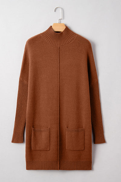 Women's Cozy Chestnut Ribbed High Neck Shift Dress with Pockets - Perfect Fall Fashion for Effortless Style