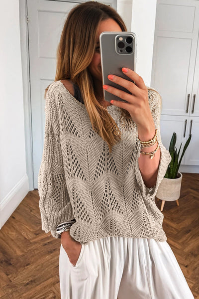 Women's Relaxed Fit Crochet Sweater in Soft Beige - Trendy Hollow Out Knit Top for Spring and Summer Fashion