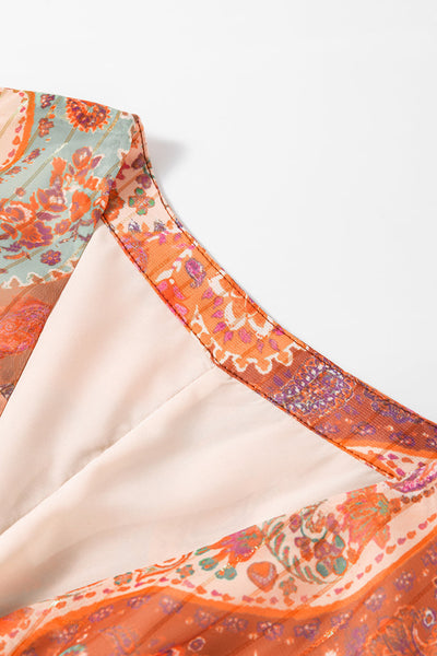 Women's Orange Boho Paisley Print Mini Dress with Long Sleeves, Pleated Design, and Belted Waist for Effortless Style
