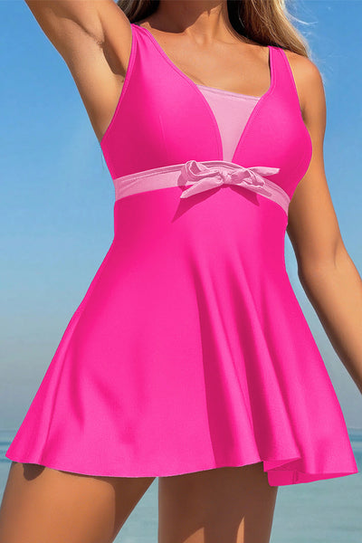 Women's Rose Red A-Line Swim Dress with Contrast Bow Detail