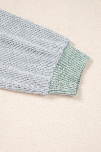 Women's Casual Light Grey Ribbed Long Sleeve Top with Color Contrast - Relaxed Fit for Effortless Everyday Style