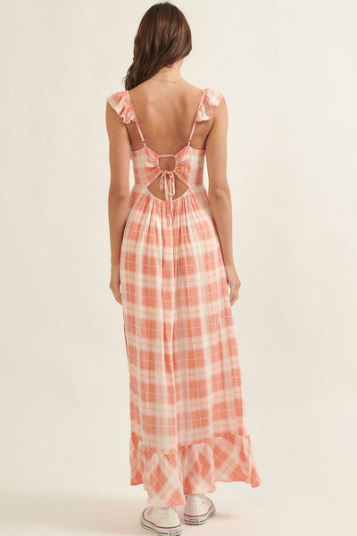 Plaid Sweetheart Sleeveless Open Back Maxi Dress