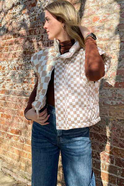 Women's Khaki Checkered Quilted Vest with Mock Neck