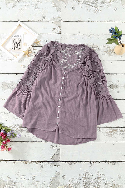 Chic Women's Purple Crochet Lace Button-Up Top - Stylish & Comfortable for Casual or Dressy Events