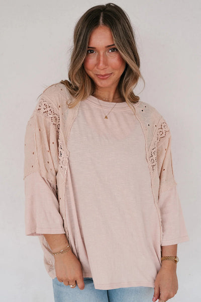 Apricot Pink Floral Lace T-Shirt for Women with Eyelet Patchwork and Bracelet Sleeves Stylish and Comfortable Top