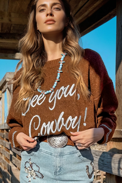 Cozy Boho Western Graphic Sweater for Women - Earthy Tones Knitwear with Relaxed Fit for Effortless Style