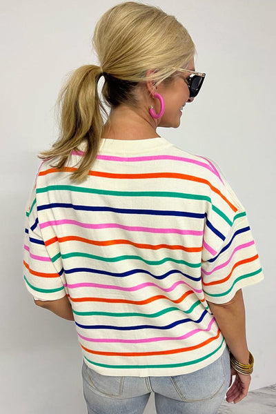 Beige Striped Short Sleeve Knitted Top for Women - Trendy Boxy Fit Tee for Effortless Casual Chic Style