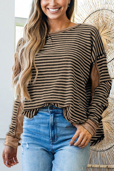 Women's Cozy Khaki Stripe Thermal Knit Drop Shoulder Top - Effortless Casual Style for Everyday Comfort