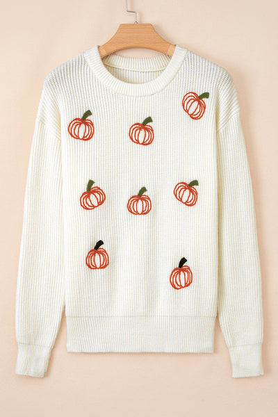 Cozy Women's Pumpkin Embroidered Sweater - Relaxed Fit Knitwear for Casual Fall Outings and Seasonal Style