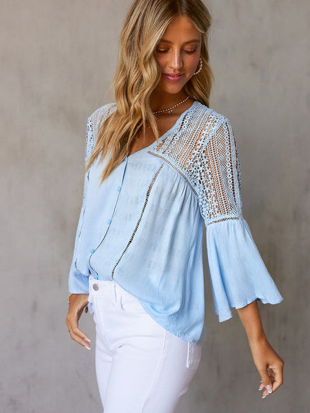 Whimsical Sky Blue Crochet Bell Sleeve Blouse