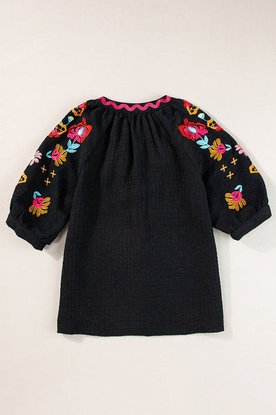 Chic Women's Black Floral Embroidered Puff Sleeve Blouse with Textured Fabric - Elegant Top for Any Occasion