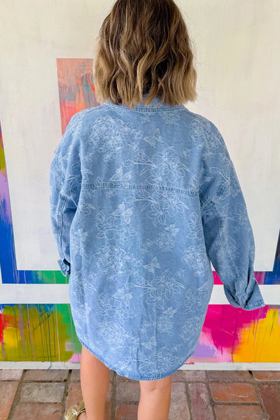 Women's Casual Denim Shacket with Floral Butterfly Print, Double Patch Pockets, Trendy Relaxed Fit for Everyday Wear