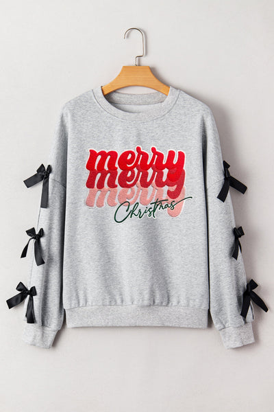 Festive Women's Merry Christmas Graphic Sweatshirt with Ribbon Bow, Split Sleeves, and Relaxed Fit for Holiday Cheer