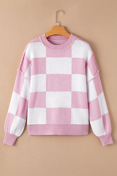 Chic Women's Pink Checkered Bishop Sleeve Sweater - Cozy Knit Pullover for Effortless Casual Style