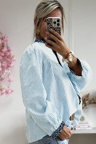 Women's Sky Blue Striped Blouse with Leopard Trim Detail
