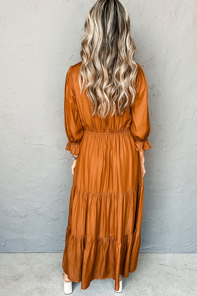 Elegant Women's Gold Flame Tiered Maxi Dress with Flounce Sleeves & V-Neck - Perfect for Summer Events and Parties