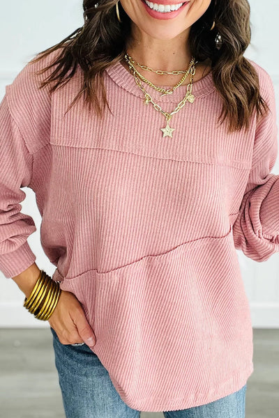Stylish Women's Blossom Ribbed Knit Long Sleeve Top in Solid Color with Exposed Seams Trendy Patchwork Design