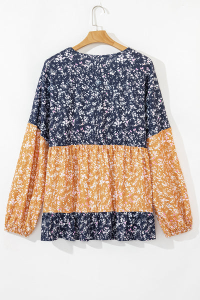 Women's Stylish Blue Floral Color Block Blouse with Ruffled Hem - Comfortable Round Neck Top for Every Occasion
