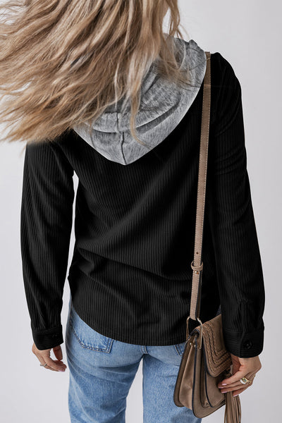 Stylish Women's Black Corduroy Hooded Shacket with Drawstring and Pockets - Perfect Casual Layering for Every Season