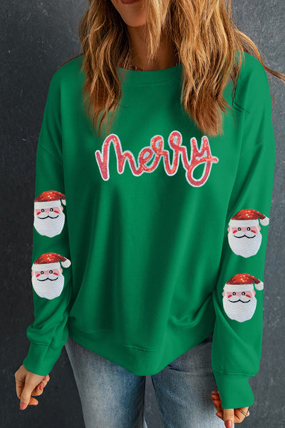 Women's Green Sequin Merry Christmas Sweatshirt with Santa Patches