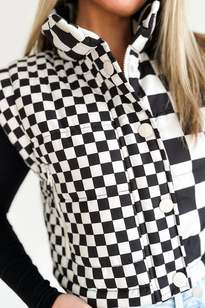 Women's Black Checkerboard Zip-Up Vest with Stand Collar and Snap Buttons  Stylish Layering Piece for All Seasons