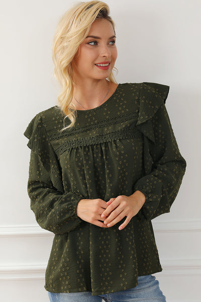 Elegant Women's Blackish Green Lace Blouse with Ruffle Sleeves - Chic Long Sleeve Top for Stylish Casual Outfits