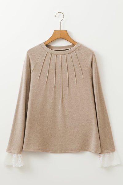 Women's Parchment Lace Contrast Cuffs Raglan Sleeve Top with Seam Detail - Stylish & Comfortable Fashion Essential