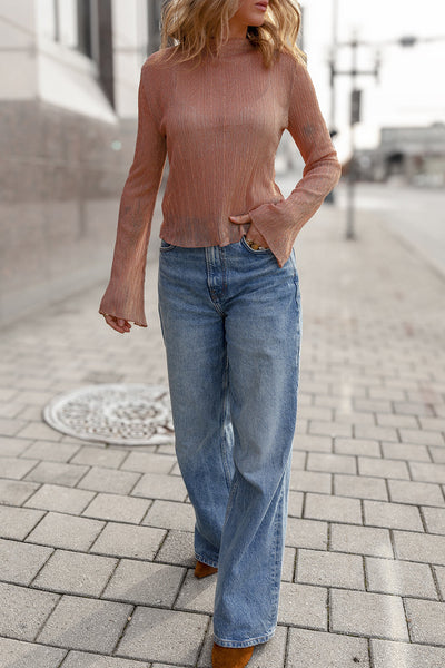Women's Lightweight Clay Semi-Sheer Long Sleeve Mock Neck Top - Trendy Fall Essential for Effortless Style