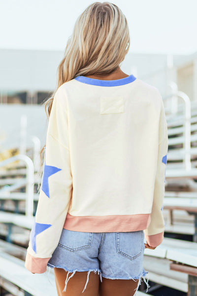 Trendy Beige Oversized Sweatshirt for Women with Star Patchwork and Exposed Seams Cozy Casual Style for Everyday Wear