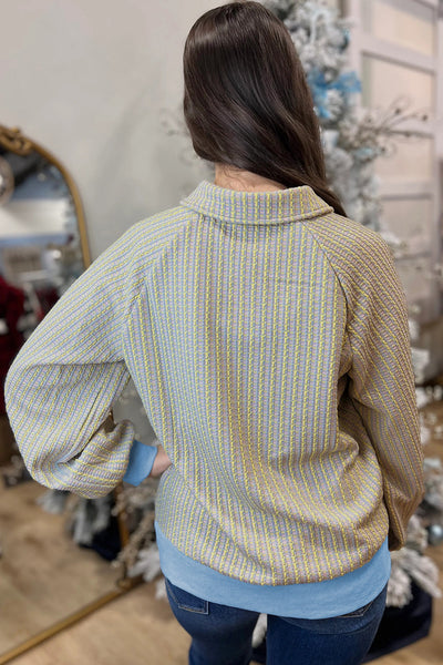 Women's Beau Blue Jacquard Henley Sweatshirt with Button Placket
