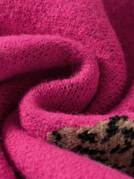 Fierce Leopard Print Rose Red Knit Sweater for Casual Chic