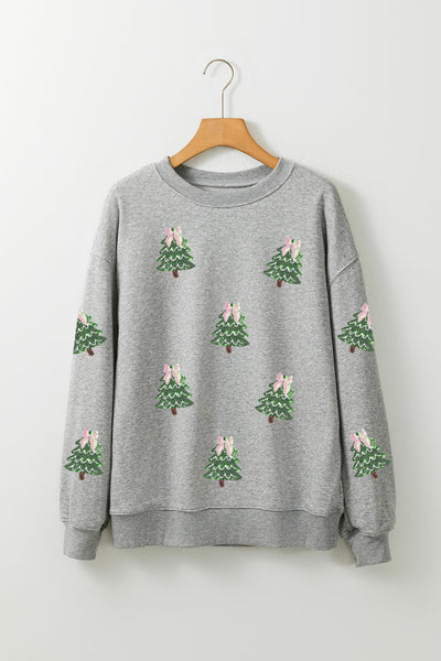 Women's Sequined Christmas Tree Graphic Sweatshirt in Heather Grey