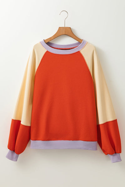 Women‚Äôs Casual Orange Color Block Raglan Sleeve Top with Side Slits - Relaxed Fit for Effortless Style
