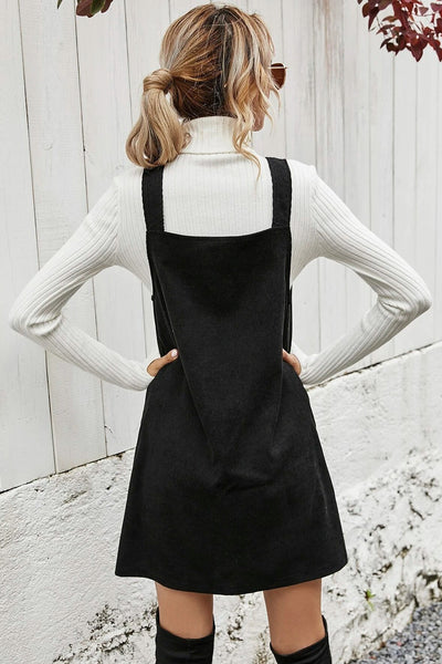 Trendy Women's Black Sleeveless Corduroy Mini Dress with V-Neck and Button Front Perfect for Casual and Evening Wear